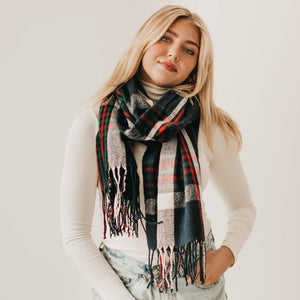 Button Plaid Shawl Scarf: Gray