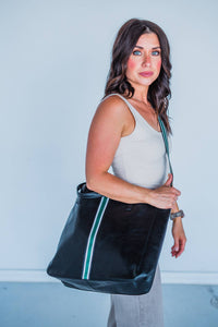 Black + Green Stripe Leather Tote Bag w/ Stripe Strap