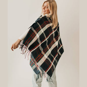 Button Plaid Shawl Scarf: Gray