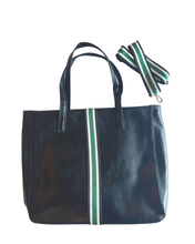 Load image into Gallery viewer, Black + Green Stripe Leather Tote Bag w/ Stripe Strap
