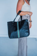Load image into Gallery viewer, Black + Green Stripe Leather Tote Bag w/ Stripe Strap

