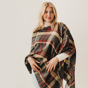 Button Plaid Shawl Scarf: Gray