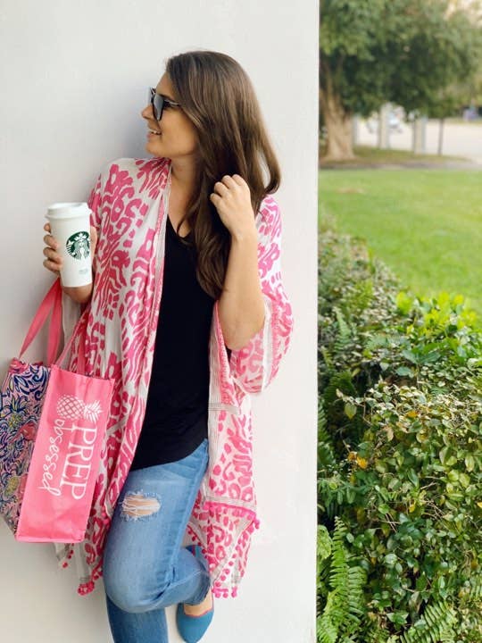 Damask Printed Pom Pom Kimono - Pink