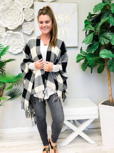 Cozy White Buffalo Check Plaid Open Poncho