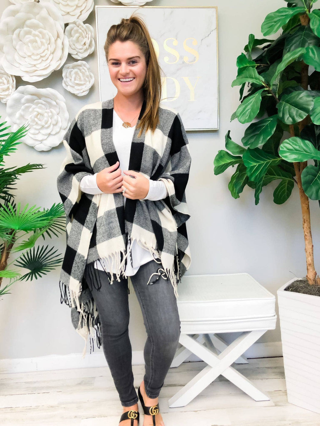 Cozy White Buffalo Check Plaid Open Poncho