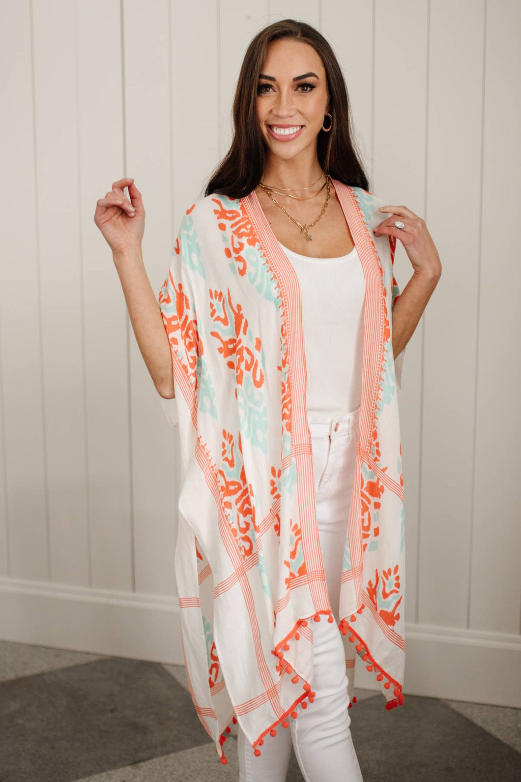 Damask Printed Pom Pom Kimono - Coral